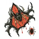spider web on the entire dorsal part of the left hand, above it the Brazilian wandering spider, with thorns and drops of blood tattoo design idea
