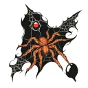 spider web on the entire dorsal part of the left hand, above it the Brazilian wandering spider, with thorns and drops of blood tattoo design idea