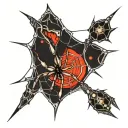 spider web on the entire dorsal part of the left hand, above it the Brazilian wandering spider, with thorns and drops of blood tattoo design idea