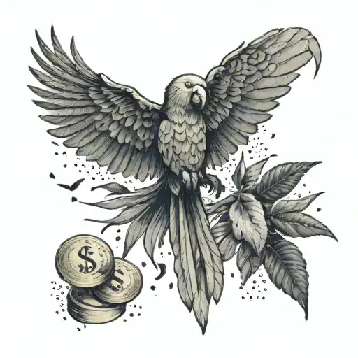 A parrot flying over a forest of money trees with trading symbols scattered around tattoo design idea