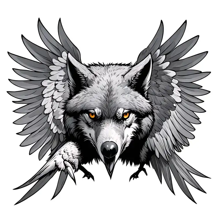 crow with head tilted up and wings spread, with wolf incorporated  tattoo design idea