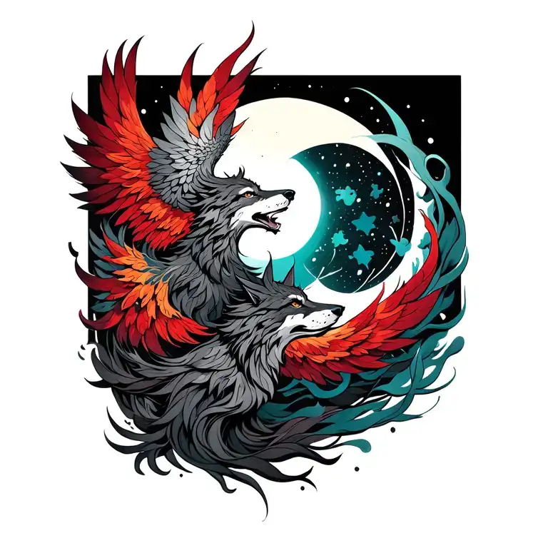Vertical, fine line, black, grey, red, turkis, phoenix (top), moon (middle), wolf (bottom), flowing tattoo design idea