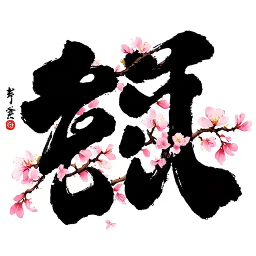 "Love" kanji (ai) brush-stroke style surrounded by sakura trees, balck and white tattoo design idea