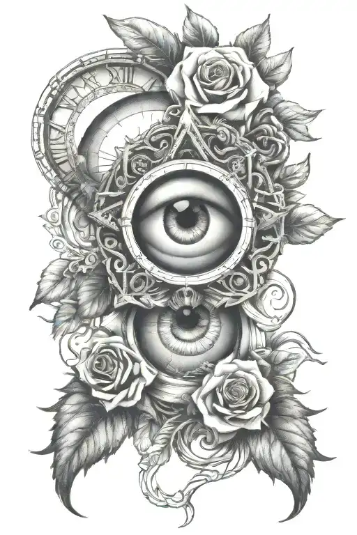 all seeing eye roman numeral clock geometric  rose intertwined with the eye ball as main portion  focus  tattoo design idea