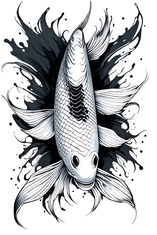 Long, narrow fine line koi drawing with abstract paint brush strokes in the background. tattoo design idea