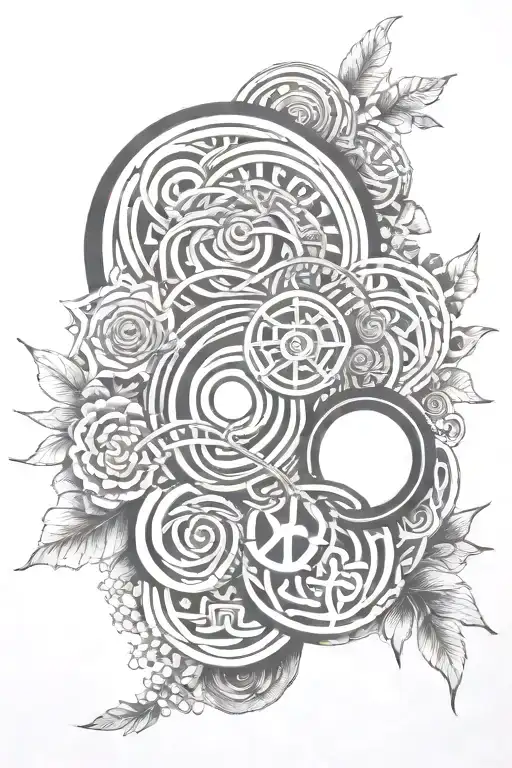 winding lines connecting various Symbols representing Love, Peace, Zen, Family, buddhism, freedom tattoo design idea