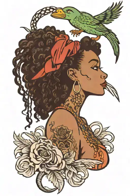 an olive skinned woman with a hair pick a detangling comb a rat tail comb and duck bill  clips sticking out of her afro tattoo design idea