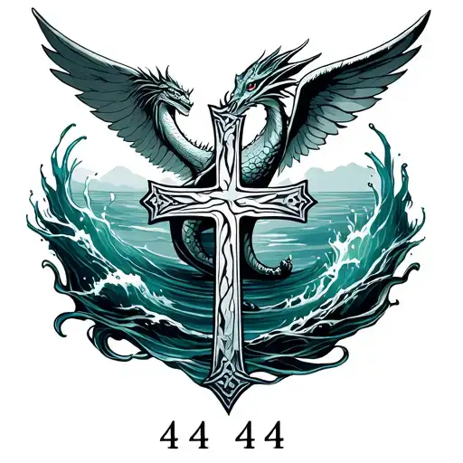 Angel number 444 Cross with water dragon with a ocean vibe the fits  behind the earthat ms feminine without shadings tattoo design idea