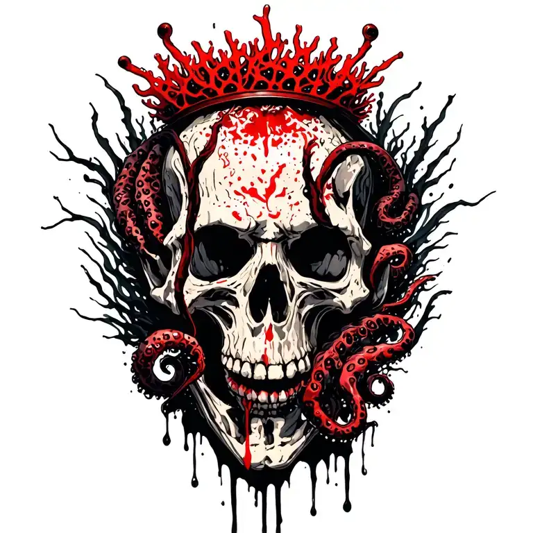 King Of Bones With A Coral Crown, Hades 2 Style, Eldritch, Tentacles, Lovecraftian, Deep Sea background, seaweeds tattoo design idea