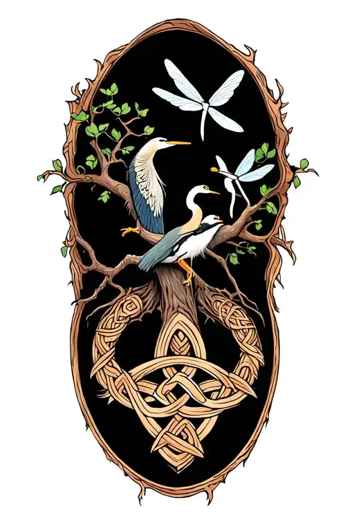 celtric tree of life with celtic knot in trunk with heron and dragon fly tattoo design idea