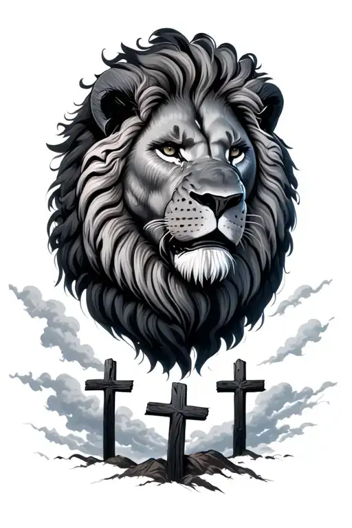 grey lion looking to the right, three black wooden crosses below the lions head. realistic clouds surrounding tattoo design idea