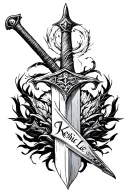 mid evil sword tattoo with the name Keshia lee on the blade tattoo design idea