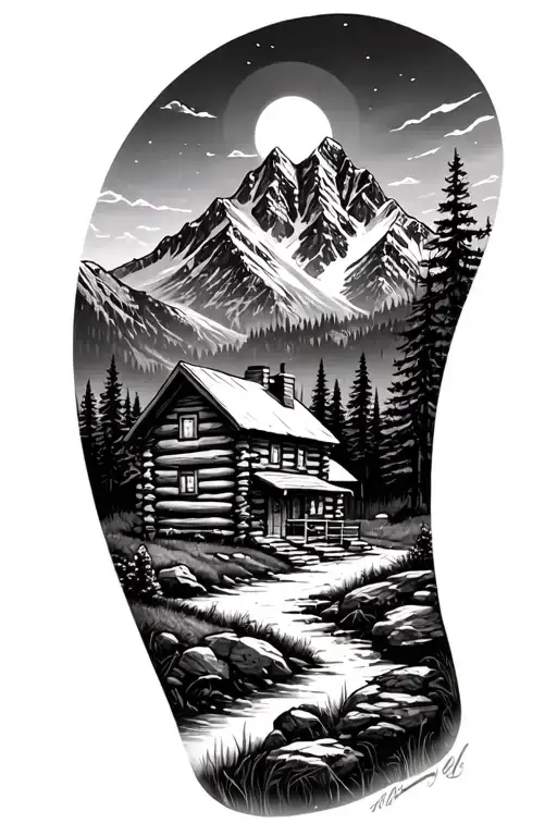 A mountain landscape incorporating a nestled log cabin tattoo design idea