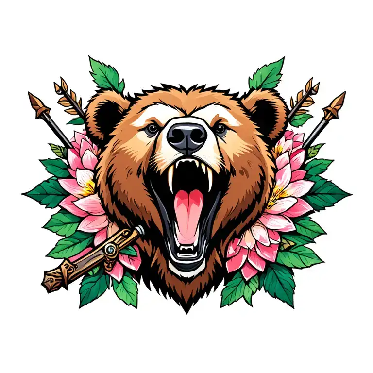 old school bear head roaring full lotus stems and blossoms, mint leaves and arrows. long sword centered  tattoo design idea