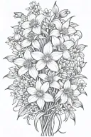 daisies daffodils cherry blossoms bouquet with violets, stems tattoo design idea