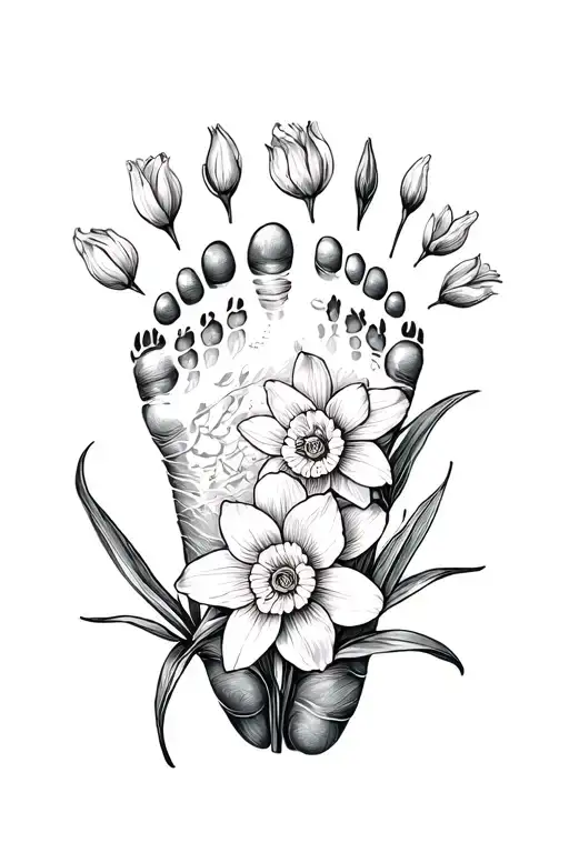 baby footprint with Narcisus flower and marigold tattoo design idea
