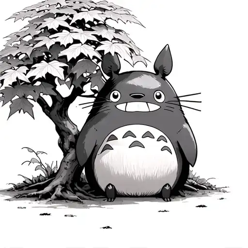 Totoro siting under a Japanese maple leaf tree tattoo design idea