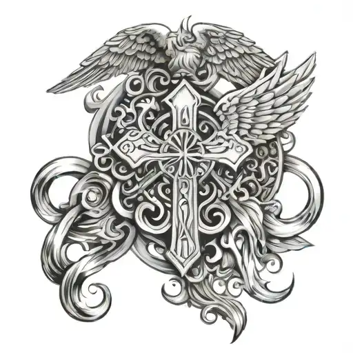 An intricate black and grey tattoo featuring a paramedic symbol intertwined with angelic figures tattoo design idea