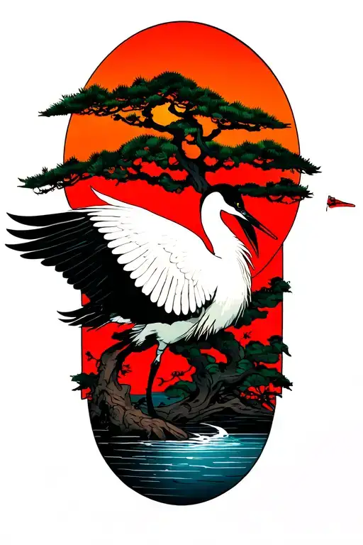 Flying japanese water crane with pine tree and sun tattoo design idea
