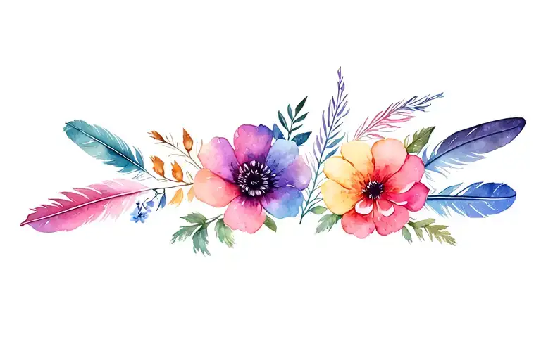 2 flowers and 5 feathers tattoo design idea