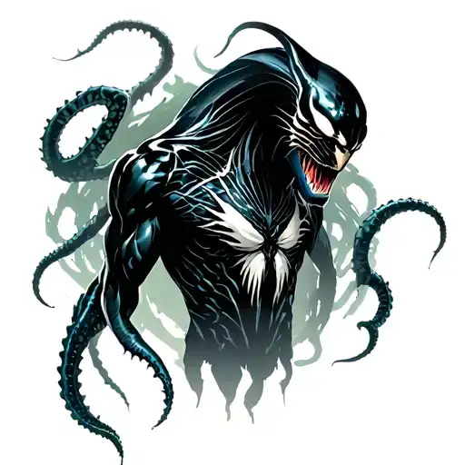 Black Panther symbiote fusion, Venom 25% overlay tentacles on back/shoulders, dark misty background navy-green palette,  tattoo design idea