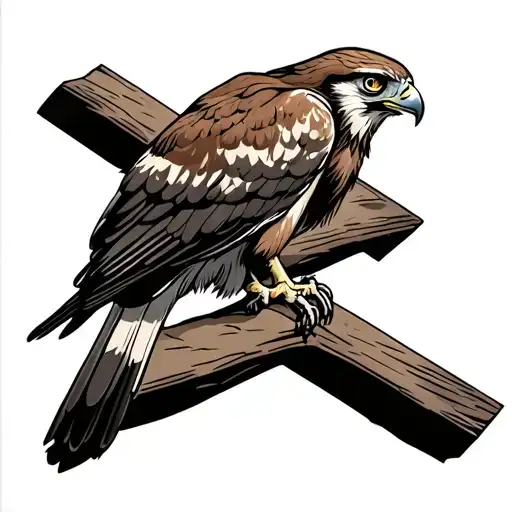 Red Tailed Hawk sitting on a Jesus cross tattoo design idea