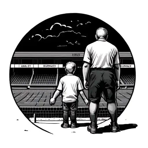 dad and son stood outside turf moor Burnley stadium  tattoo design idea