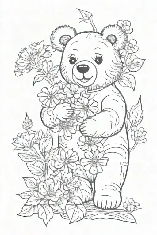Feminine flowers Carnations and daisies with a cute cartoon bear and octopus under a lemon tree  tattoo design idea