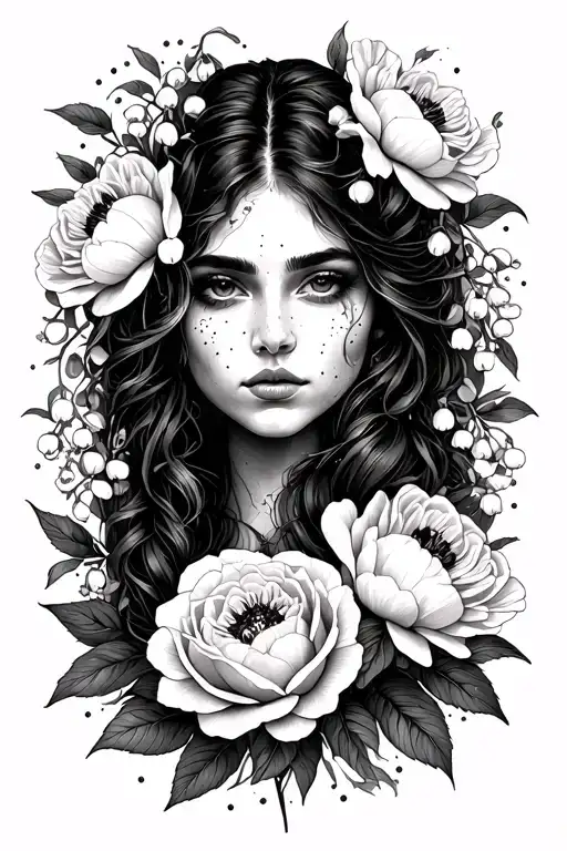 woman, peonies, rose, lilly of the valley, marigold, daffodil, honeysuckle, strength, resiliance, celtic tattoo design idea