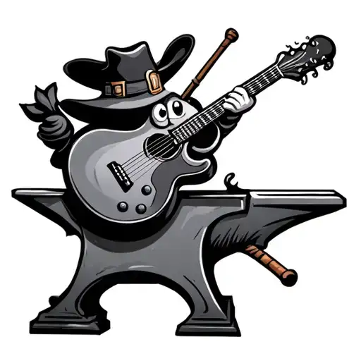 The English translation of the phrase would be: "A flamenco guitar resting on anvil, with mascot-style hat and a cane or tattoo design idea