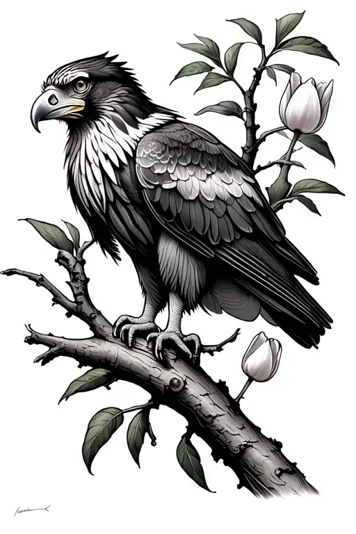 A blackwork-style Philippine eagle, perched slightly from the side on a tree branch, holding a tulip in its beak. tattoo design idea