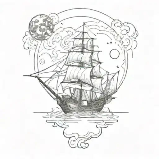 3 mast ship sailing full moon behind tattoo design idea