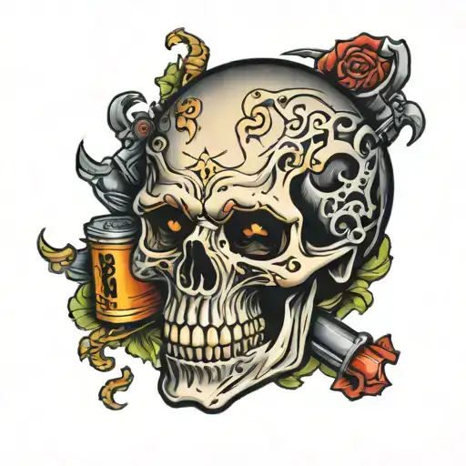 skull biting a battery level tattoo design idea