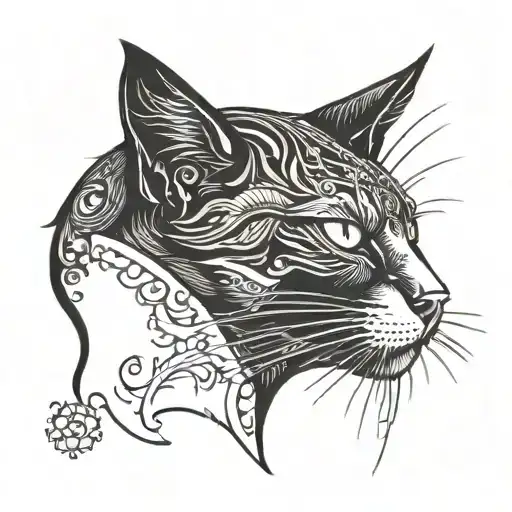 black cat head profile holding tattoo design idea