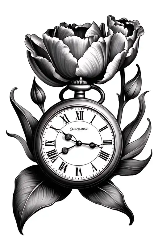 Tulip flower with a pocket watch tattoo design idea