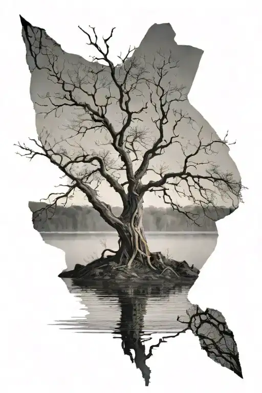 A medium sized tree with mostly bare branches emerges from a crystal clear, smooth lake.  In the background to it's left tattoo design idea