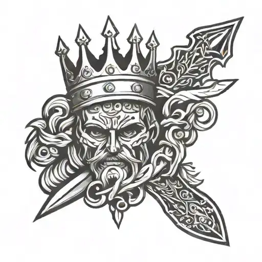 monochrome, greyscale, black background, simple background, sword going through a king crown , tattoo, HD tattoo design idea
