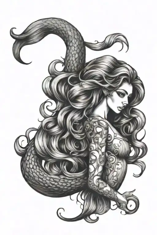 beach mermaid long tail hair tattoo design idea