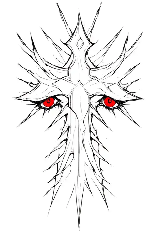 Cross, sharp corners, black and red eyes scary realism tattoo design idea