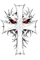 Cross, sharp corners, black and red eyes scary realism tattoo design idea