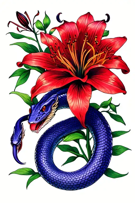 blue and purple snake with red spider lily tattoo design idea