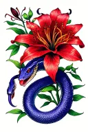 blue and purple snake with red spider lily tattoo design idea