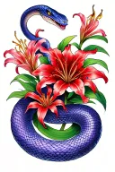 blue and purple snake with red spider lily tattoo design idea