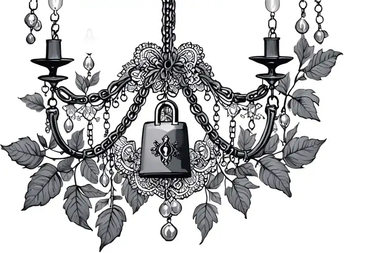 Chastity, chandelier, lace, lock, leaves tattoo design idea