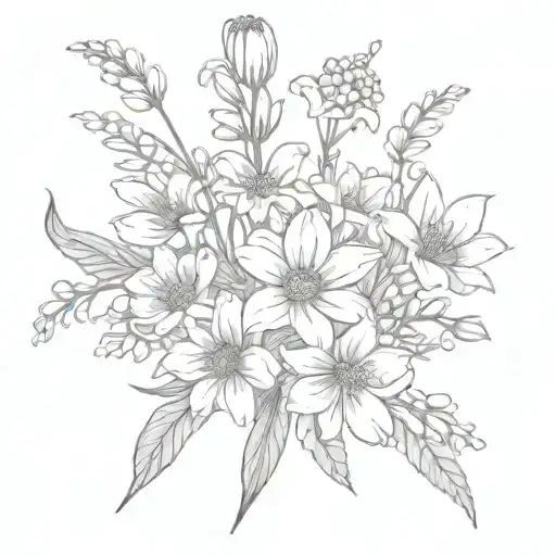 chrysanthemum,cosmos and lily of the valley boquet, fine line no shading  tattoo design idea