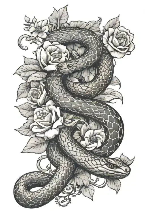 small Snake and Flowers with 777 angel number 7 tattoo design idea