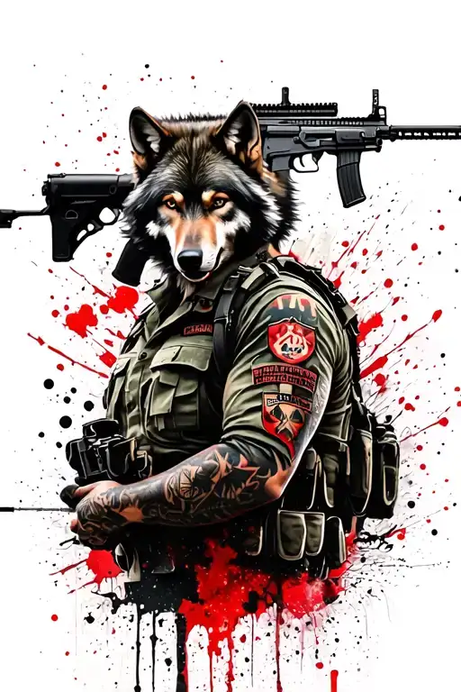 Wolf as a man in a Ukrainian military uniform with an M4A1 tattoo design idea