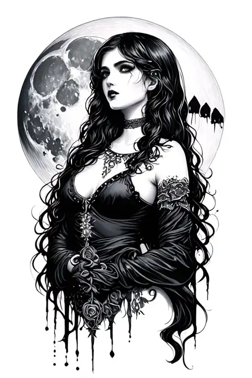 moon with female goth girl tattoo design idea
