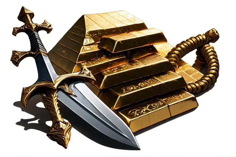 A small pyramid of 3 gold bars next to it the Dark Souls coiled sword with the hilt pointing away from the pyramid, with tattoo design idea