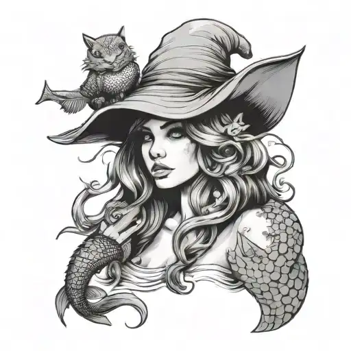 Mermaid with witches hat covering face anime style holding a lizard with wings tattoo design idea